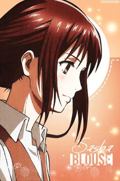 an anime character with red hair and brown eyes looking to the side in front of a pink background