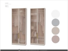 an open closet with clothes and other items on the shelves next to it, along with color swatches