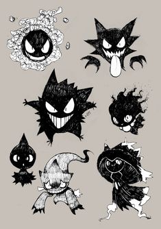 some black and white drawings of cats with different expressions on their faces, including one cat's head