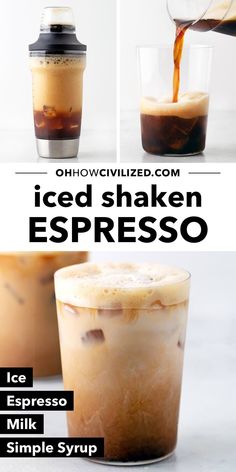 iced shaker espresso with ice and syrup being poured into the glass, then topped with whipped cream