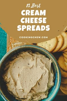 cream cheese spread in a bowl with crackers on the side and text overlay