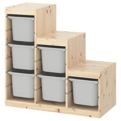 three wooden shelves with plastic containers on them