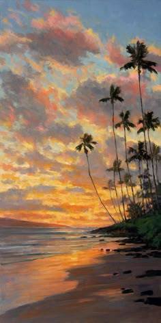 a painting of palm trees on the beach at sunset