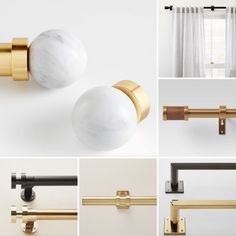 four different types of curtain rods with marble knobs and brass pulls on white walls