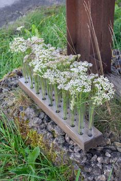 a bunch of flowers that are in some kind of planter on the ground next to a pole