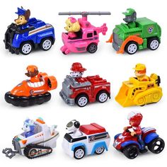 various toy vehicles are shown in different colors and sizes, including one with a dog on the back