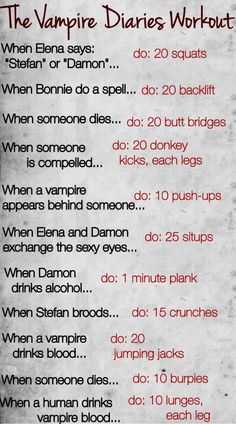 the vampire diaries workout list is shown in black and white, with red writing on it