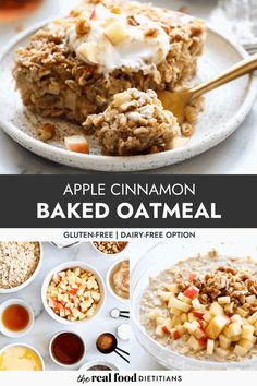 an apple cinnamon baked oatmeal is shown on a plate with other ingredients