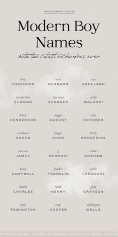 the modern boy names are written in black and white on a gray background with clouds