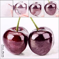 an image of three cherries being drawn with watercolors on paper and colored pencils