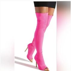 Shoedazzle Neon Pink/Gold Open Toe Thigh Boots. Super Cute. Brand New. Never Worn. Trendy Pink Knee-high Boots For Spring, Pink Knee-high Boots For Fall, Chic Knee-high Pink Boots, Fitted High Heel Pink Boots, Trendy Pink Knee-high Boots For Fall, Chic Pink Knee-high Boots, Fitted Pink High Heel Boots, Fitted Pink Boots, Pink High Heel Club Boots