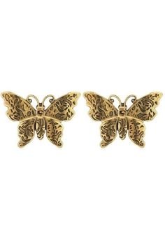 A symbolic emblem from the Gucci Garden, the butterfly has become synonymous with the House. The winged motif is interpreted as stud earrings encrusted with sparkling multicolored crystals. Metal with aged gold finish. Multicolored crystal studded butterfly detail;For pierced ears. 1.5" x 1". These earrings come as a pair.Made in Italy. Vintage Gucci Gold Jewelry, Vintage Gold Gucci Jewelry, Gucci Gold Jewelry For Pierced Ears, Gucci Gold Earrings For Formal Occasions, Luxury Gold Butterfly Earrings, Gucci Garden, Butterfly Earrings Gold, The Butterfly, Butterfly Earrings