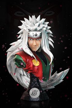 an anime character with white hair and red outfit holding a bottle in front of a black background