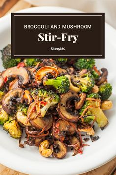 broccoli and mushroom stir - fry on a white plate with the title above it