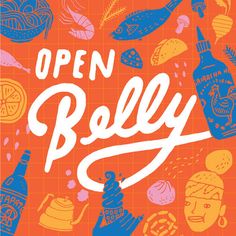 an orange and blue poster with the words open bally on it's side