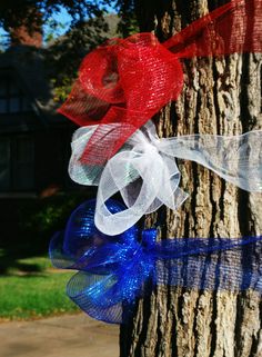 three ribbons tied to a tree in front of a house