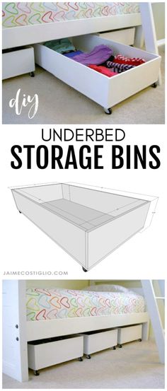 an underbed storage bin is shown with the bottom open and bottom closed to reveal drawers