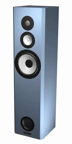 a large blue speaker with two speakers on it's front and back sides,