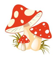 two mushrooms sitting on top of each other next to green leaves and grass with white dots