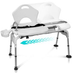 a white bath chair with wheels and arm rests