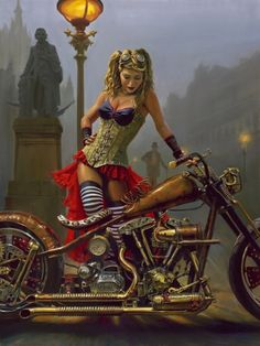 a painting of a woman sitting on a motorcycle