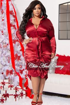 Polyester% 90 Spandex% 10 Satin Dress Plus Size Long Sleeve, Satin Wrap Dress Plus Size, Plus Size Satin Nightgown, Plus Size Robes Satin, Red Latex Dress Plus Size, Chic And Curvy, Button Up Dress, Final Sale, Waist Tie