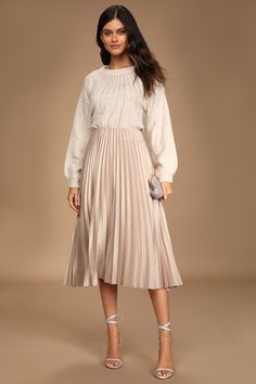 Champagne Satin Skirt - Satin Midi Skirt - Pleated Midi Skirt - Lulus Champagne Pleated Skirt Outfit, Satin Champagne Skirt Outfit, Champagne Skirt Outfit, Classy Church Outfits For Women, Petite Winter Outfits, Classy Church Outfits, Pleated Skirt Outfits, Pleated Satin Skirt, Skirt Lulus