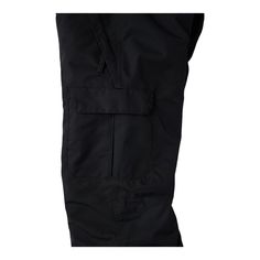 the back view of a pair of black pants with pockets and buttons on each side