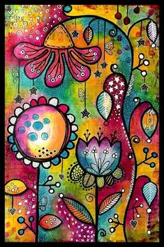 an abstract painting with flowers and birds on it's sides, in bright colors