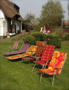 several lawn chairs are lined up in the grass