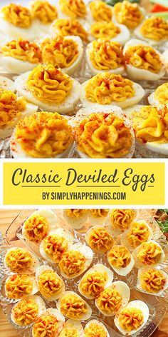 an image of deviled eggs on a plate with the words classic deviled eggs