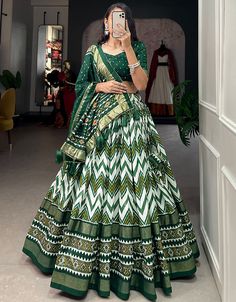 sophisticated green tussar silk traditional wear women's heavy lehenga choli collection with green tussar silk rt9000-185180 Front View Lehenga Stitched, Heavy Lehenga, Print Lehenga, Saree Sale, Lehenga Fabric, Stitched Lehenga, Lehenga Designs Simple, Gotta Patti, Green Lehenga