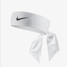 a white headband with a black nike logo on the side and a white ribbon tied around it