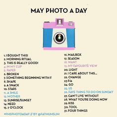 a camera with the words may photo a day written below it in blue and pink