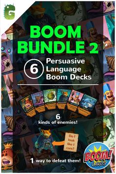 the book cover for boom bundle 2, featuring five cards and an image of monsters