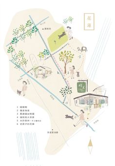 an illustrated map with people and animals in the area, including trees, buildings, and other things