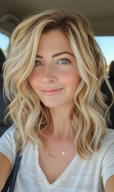 Mid Length Loose Waves, Mid Length Hair With Layers Curly Waves, Beach Wave Mid Length Hair, Beach Curls For Medium Hair, Shoulder Length Hair Wavy Natural Blonde, Medium Length Beach Waves, Beachy Waves Mid Length Hair, Best Hair Color For Blue Eyes, Haircuts Over 40