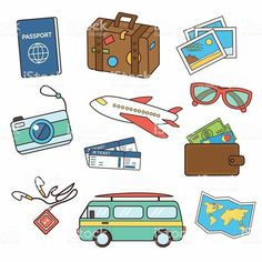 various items are grouped together in the shape of a circle, including a suitcase, passport, and sunglasses