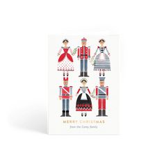 a greeting card with the words happy christmas from the castle, and four people dressed in traditional