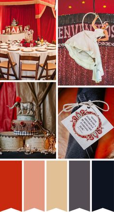 the color scheme is red, brown and white with an assortment of items on it