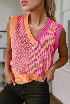 Get ready for some serious summer vibes with our Summer Slush Knit Sleeveless Vest! Made from a soft knit fabric, this vest features a bright and playful pink orange combo that will add a pop of color to any outfit. Stay cool and stylish all season long with this must-have piece. (No brain freeze included!) Available in Small, Medium and Large Runs true with a straight, easy fit Sleeveless Cardigan Outfit Summer, Sleeveless Cardigan Outfit, Cardigan Outfit Summer, Bubble Sleeve Top, Brain Freeze, Studded Denim, Knitted Vest, Sleeveless Cardigan, Cardigan Outfits