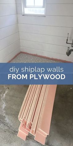 an unfinished room with the words diy shiplap walls from plywood