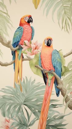 two colorful parrots sitting on top of a tree branch next to leaves and flowers