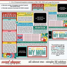 the front and back pages of an all about me single - sided advert for mom's day