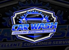 the car wash logo is shown in blue and black with an image of a car on it