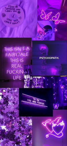 purple and black collage with neon signs in the shape of heart, handwritten words