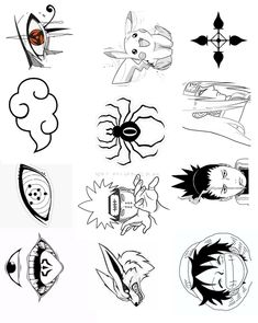 several different types of tattoos are shown in black and white, including one with an eyeball