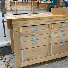 a workbench with many drawers and tools on it