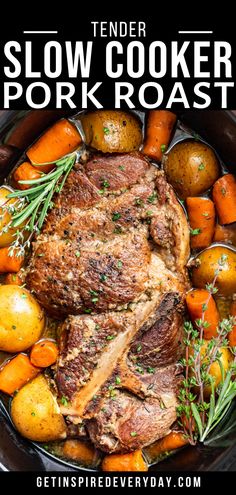 slow cooker pork roast with potatoes, carrots and rosemary garnish in a cast iron skillet