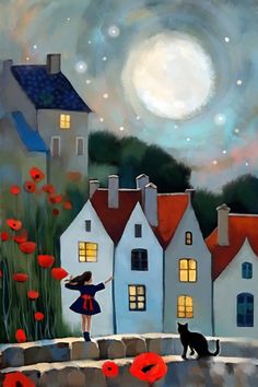 a painting of a girl and her cat in front of some houses with poppies